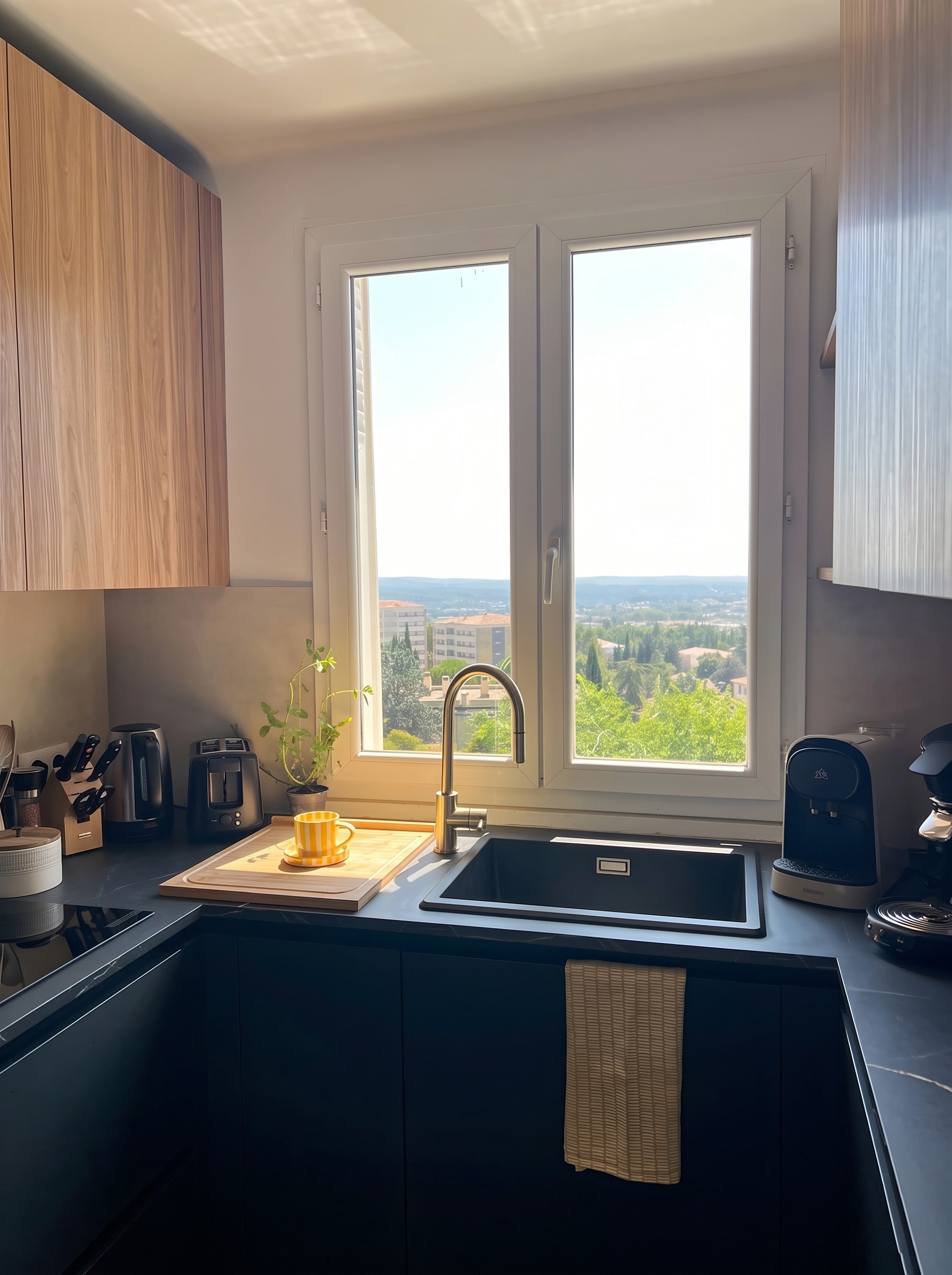 Évier noir et robinet doré devant une fenêtre ouverte sur la vue, meubles hauts en noyer et plan noir veiné