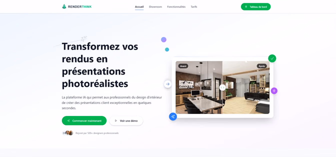 Page d’accueil de RenderThink : transformer ses rendus en présentations photoréalistes