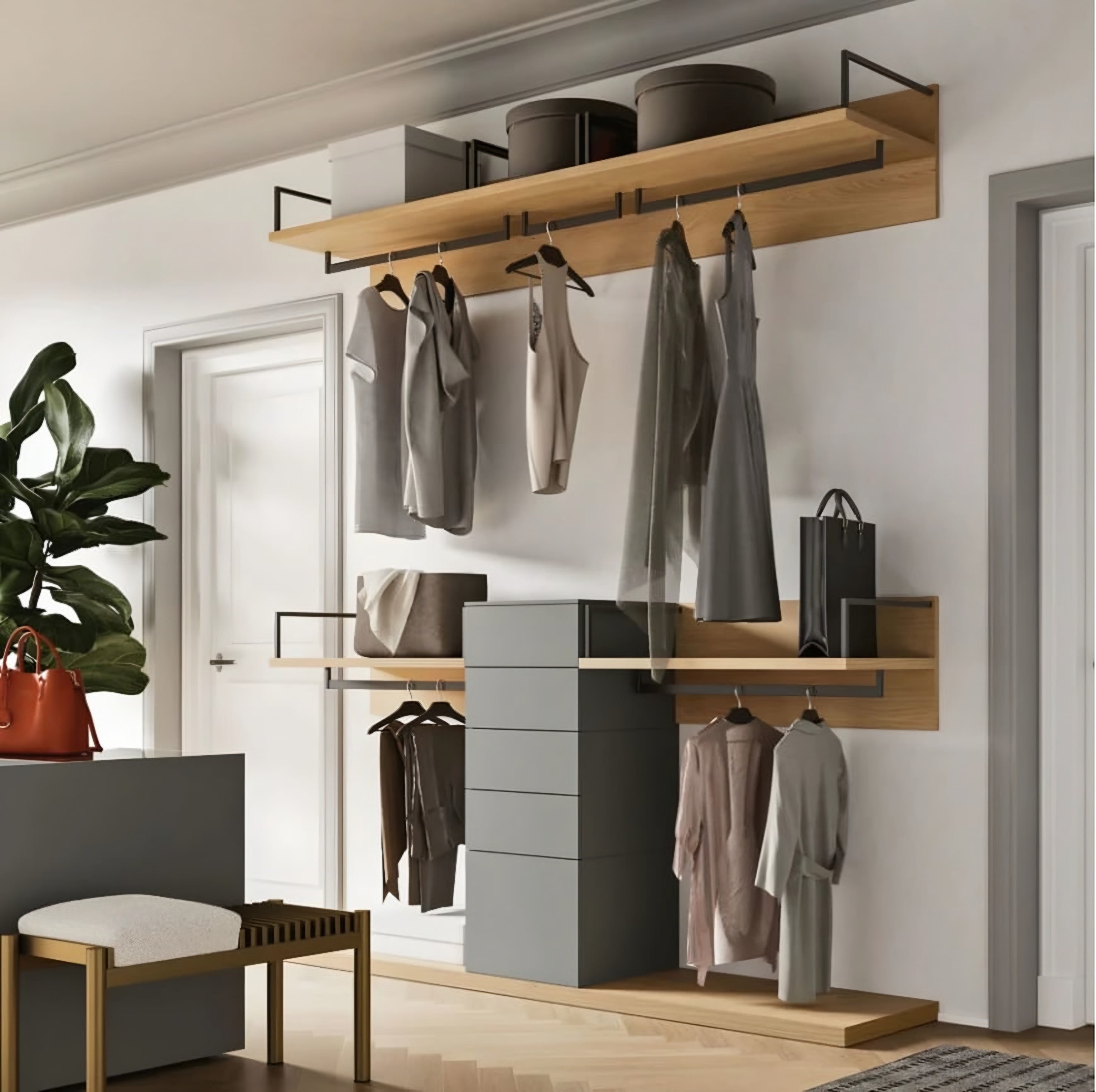 Dressing suspendu Orme Alea : étagères en bois naturel et montants en métal, vêtements et chaussures