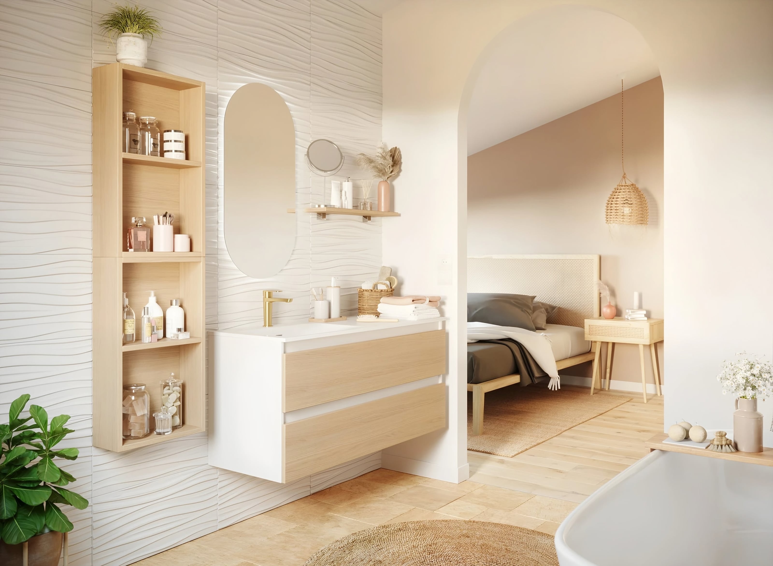 Salle de bains Rivage : meuble vasque blanc et bois sans poignée, colonne ouverte et miroir arrondi