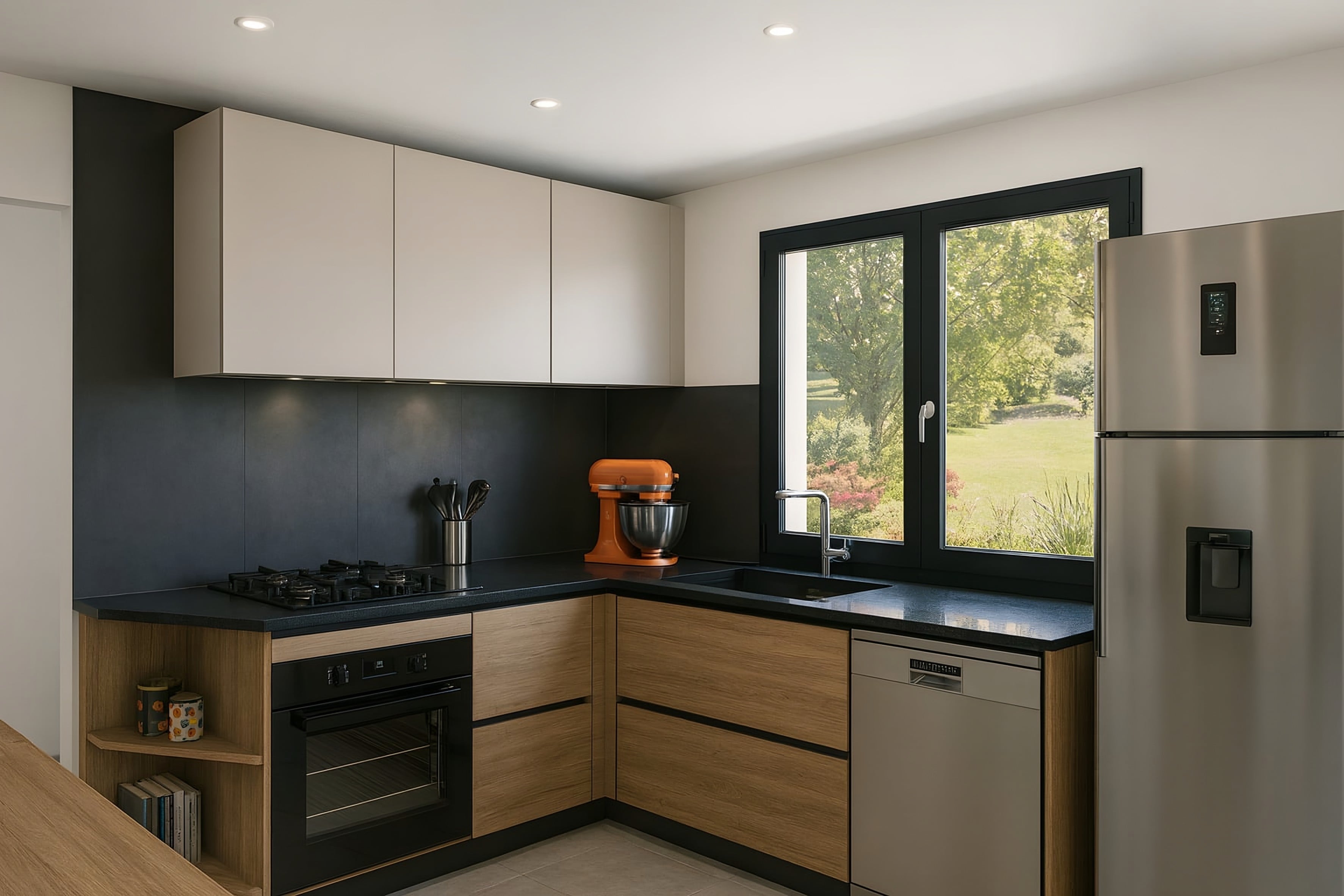 Rendu photoréaliste d'une cuisine en L aux meubles hauts blancs, façades bois et plan de travail noir face à une fenêtre