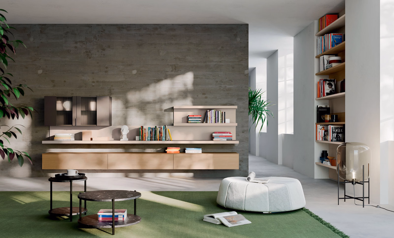Salon Orme Day 01 : meuble bas suspendu en chêne, étagères taupe et vitrine sombre sur un mur en béton brut