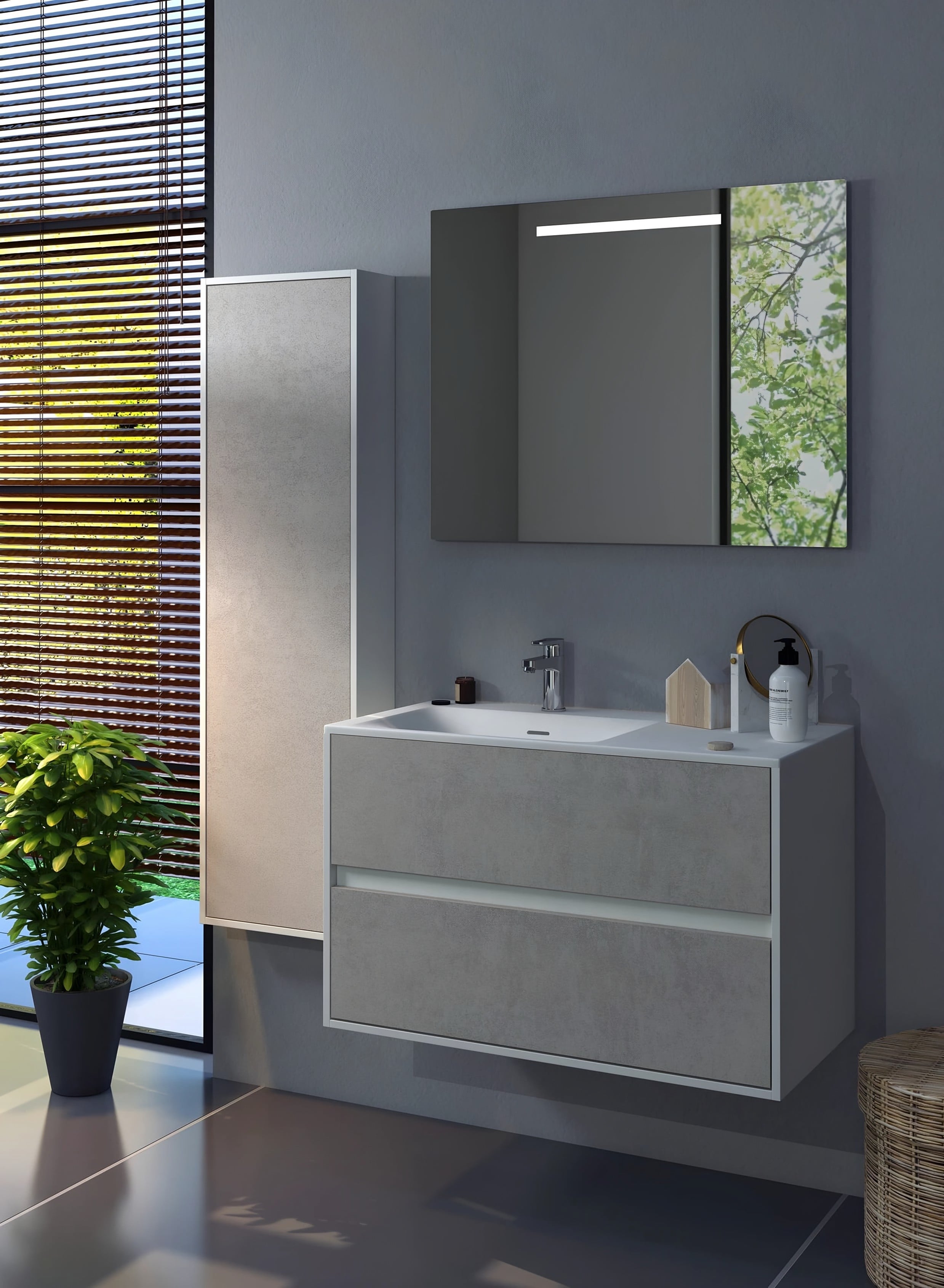 Salle de bains Esquisse : meuble vasque gris suspendu sans poignée et armoire de toilette à miroir