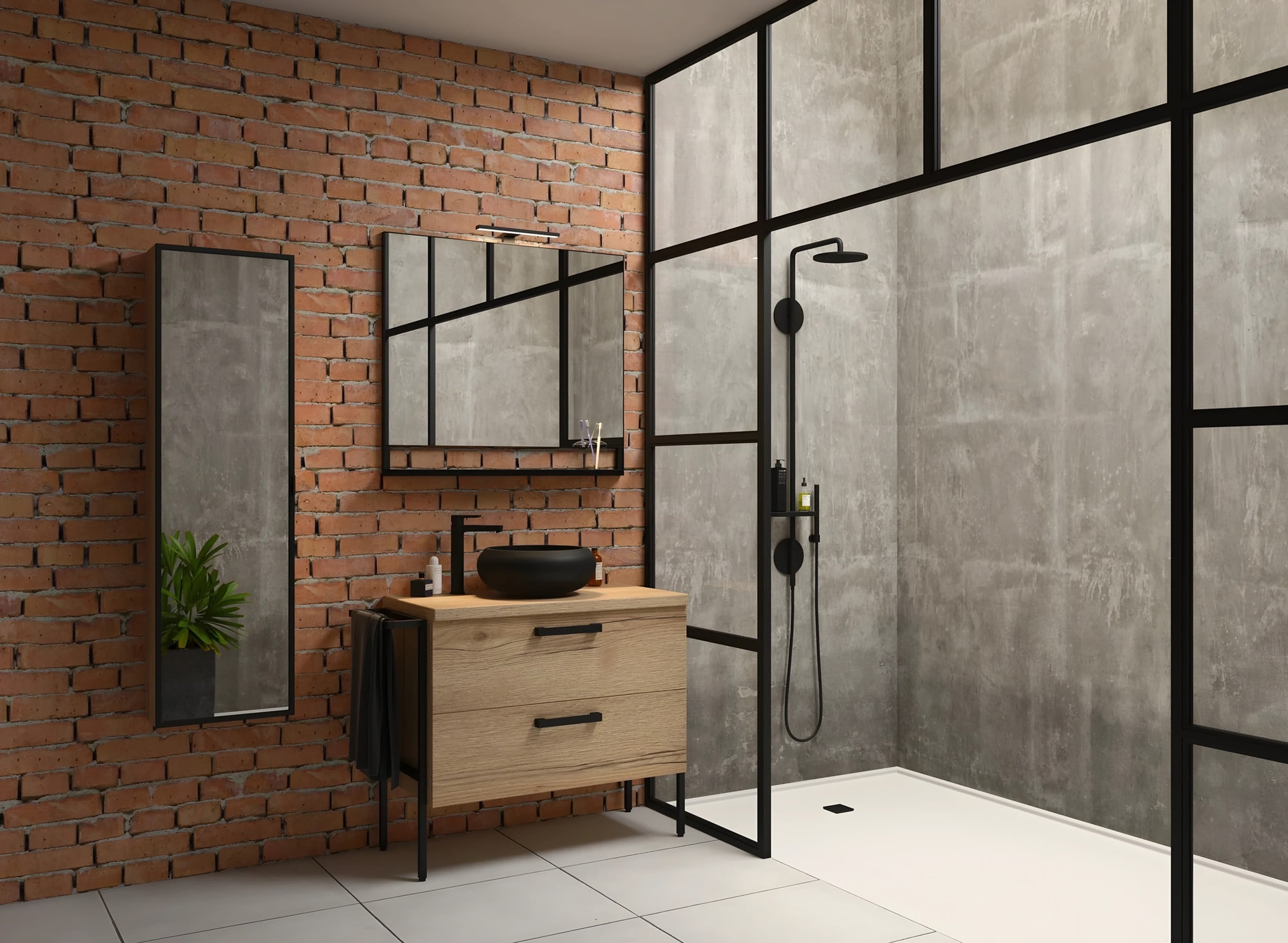 Salle de bains Fabrik : meuble vasque en bois sur ossature noire, mur en briques et douche vitrée