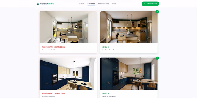 Galerie de projets RenderThink : quatre rendus de cuisines et de pièces à vivre