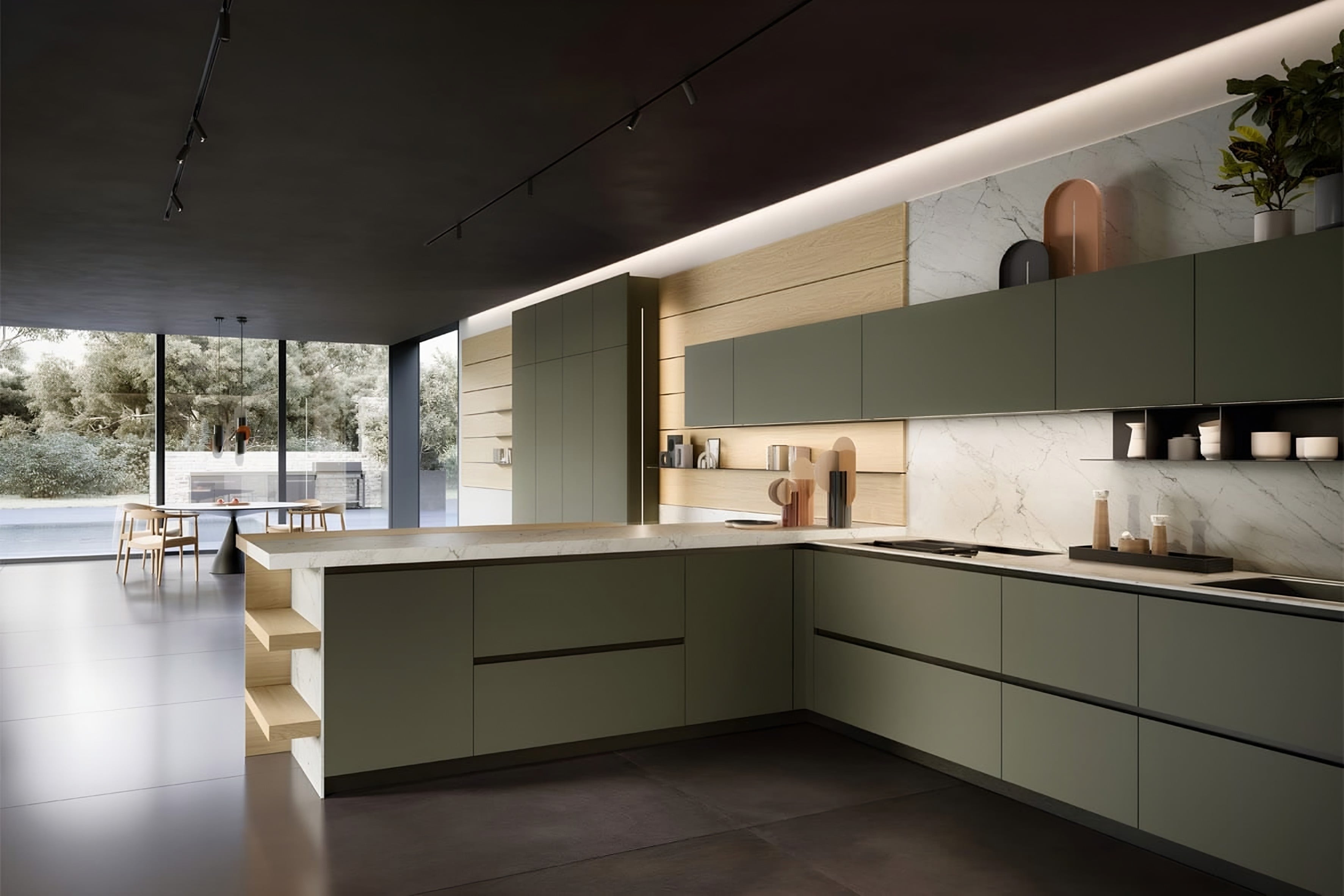 Cuisine Armony Omicron : cuisine en L aux façades vert-de-gris et bois foncé sous un plafond sombre
