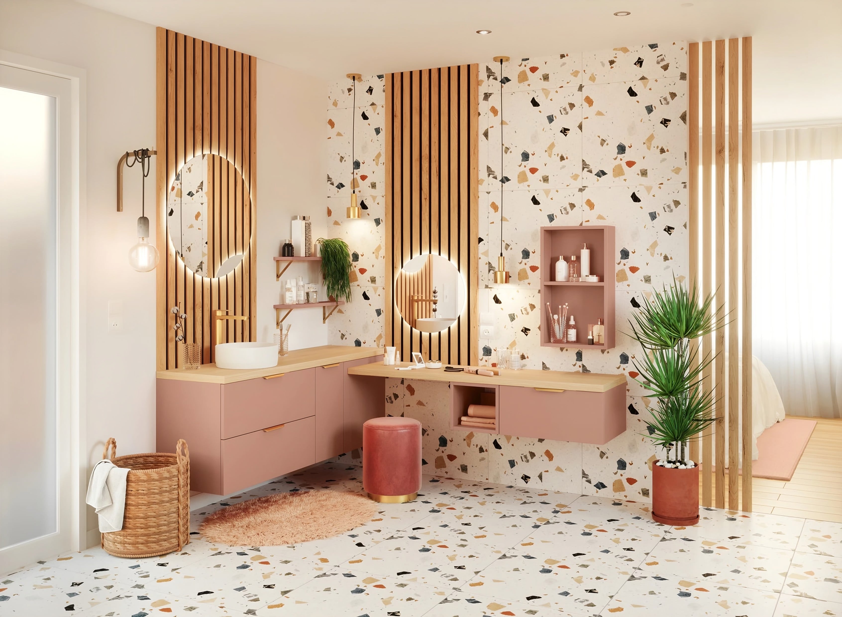 Meubles vasque suspendus rose poudré à tiroirs, niche murale et étagères, mur en terrazzo et tasseaux de bois