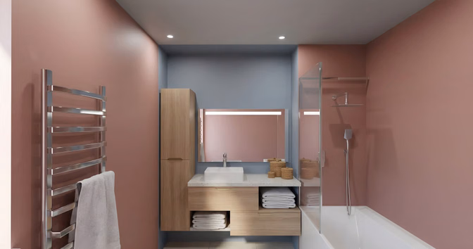 Rendu photoréaliste d’une salle de bains aux murs roses et bleus, meuble vasque en bois et sèche-serviettes chromé