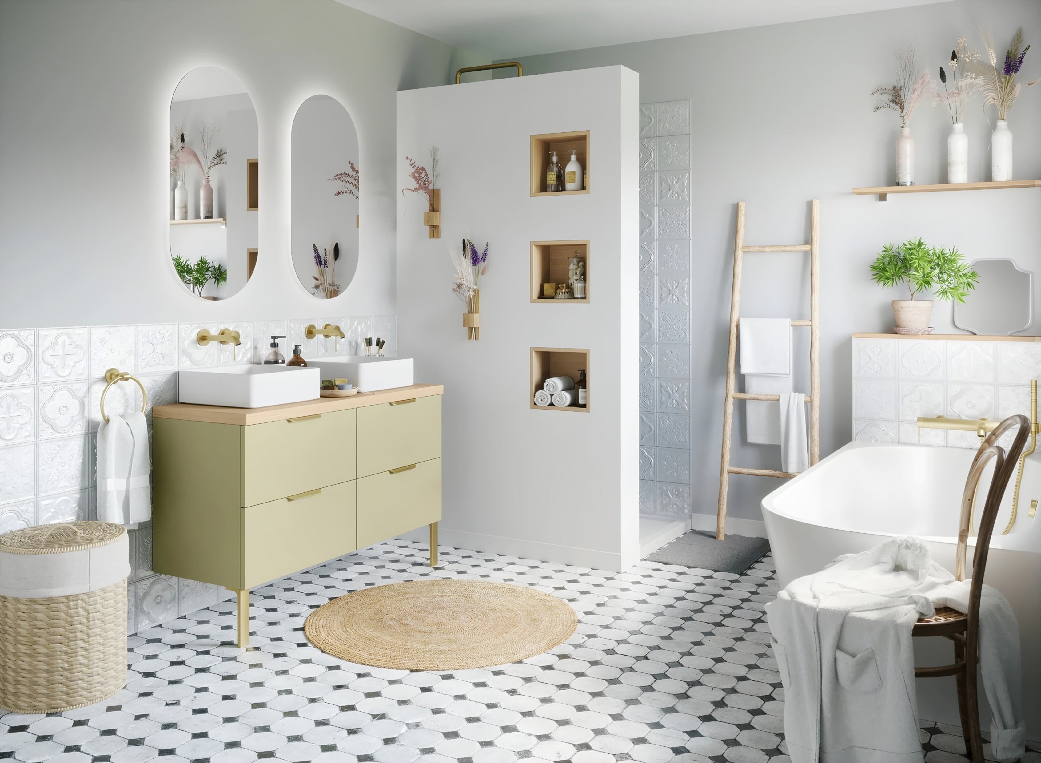 Salle de bains Swing : meuble double vasque vert amande sur pieds, miroirs ovales et sol en carreaux de ciment